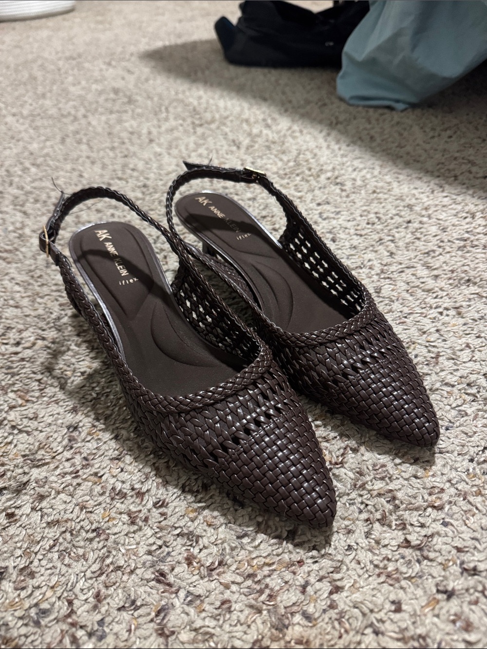 Anne Klein Brown Woven Pointed-Toe Slingback Flats